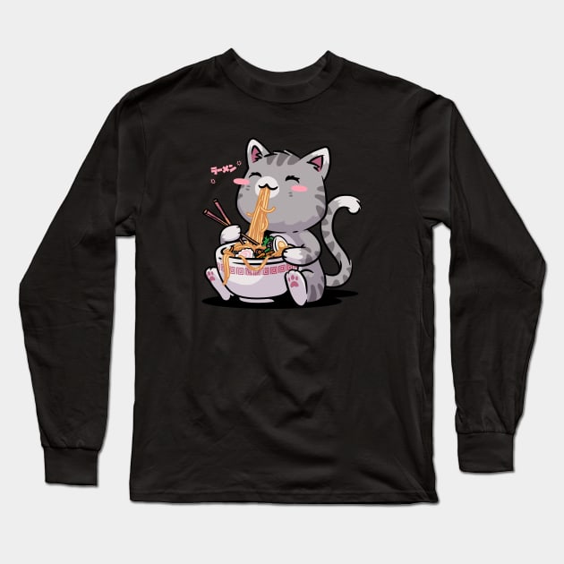 Kawaii Neko Cat Ramen Bowl Anime Otaku Gray Cat Long Sleeve T-Shirt by vo_maria